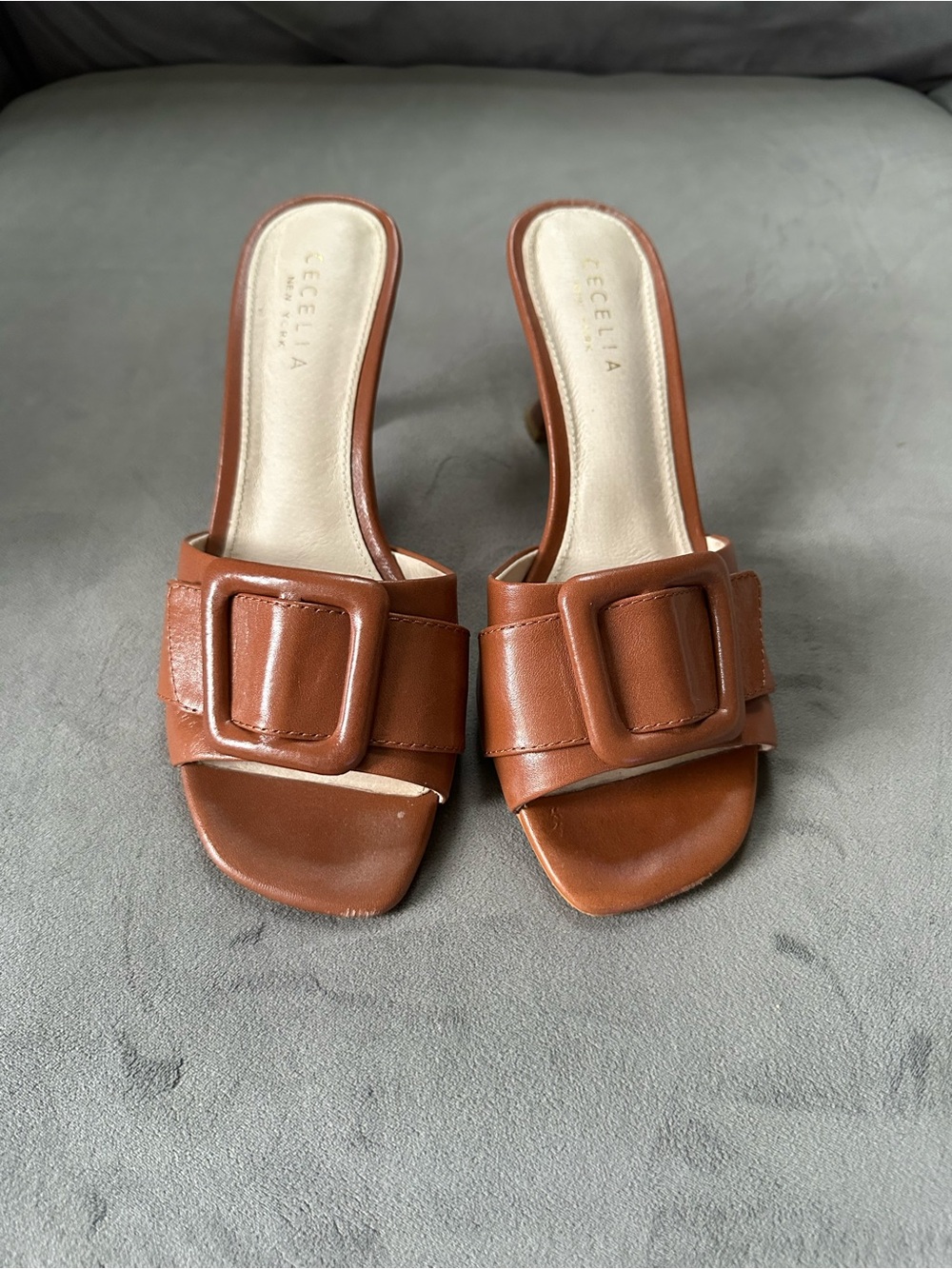 CECELIA NEW YORK Tan Leather Slide Mules with Buckle
